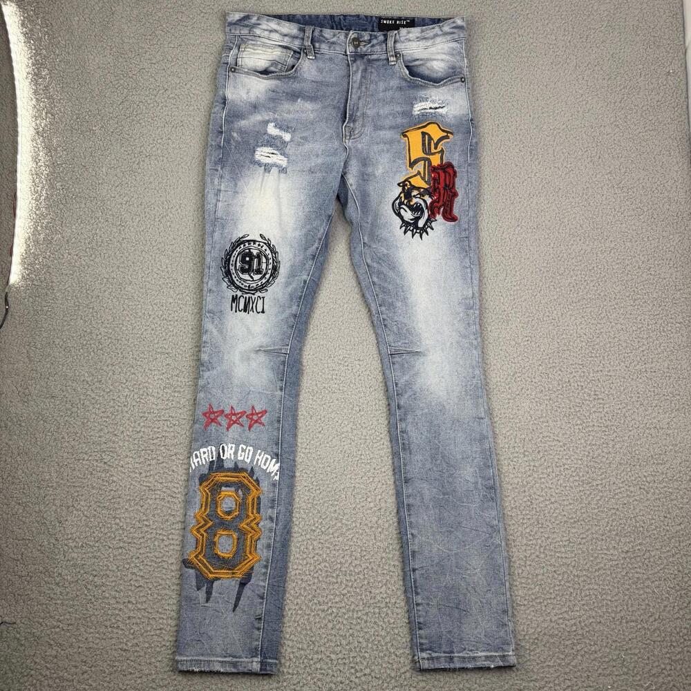 Smoke Rise Distressed Embroidered Denim Skinny Jeans Men's 34x34 Light Wash